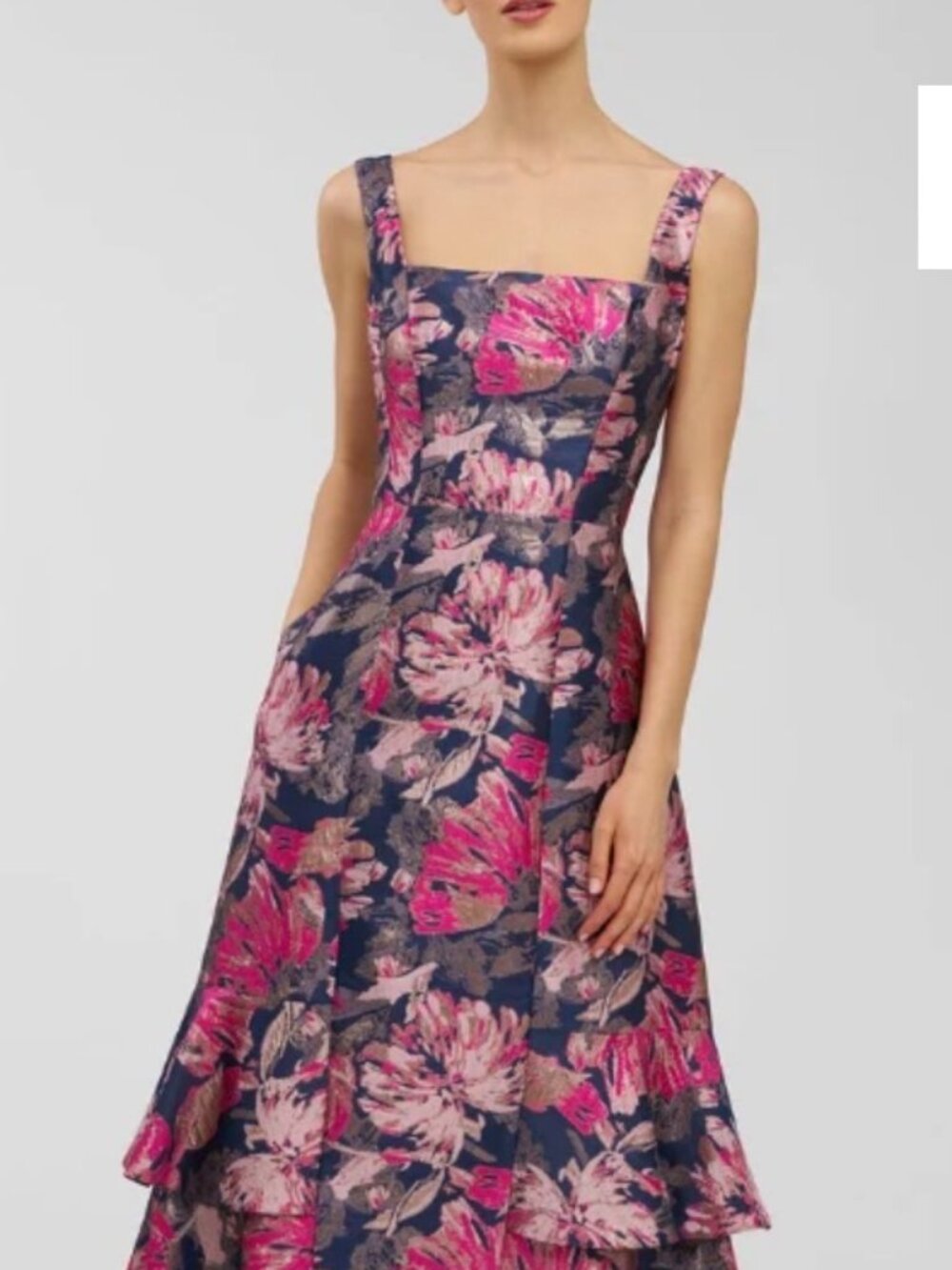 NWT Kay Unger Blue Opal Metallic Floral Jacquard Paige Tea Length Dress. Size 6